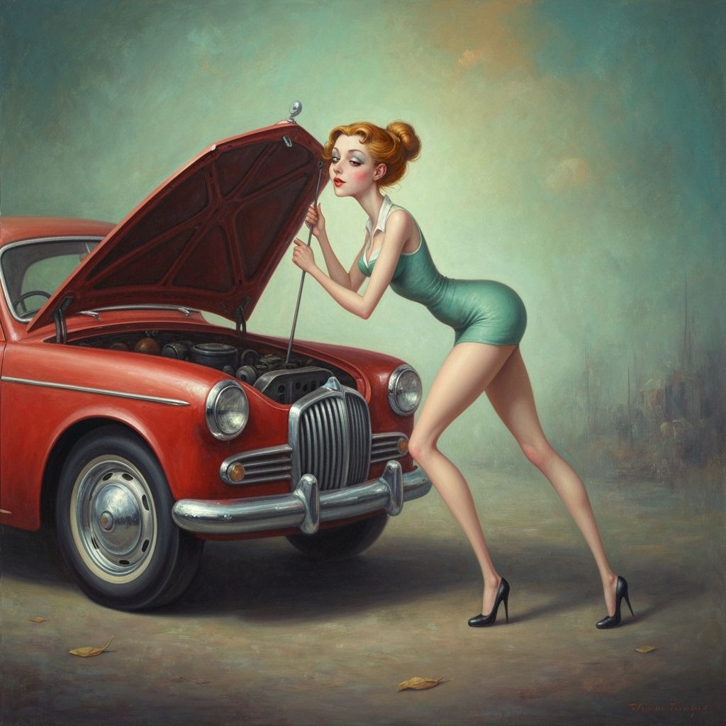 Surreal Pin-Up Mechanic in Dreamlike Oil Painting