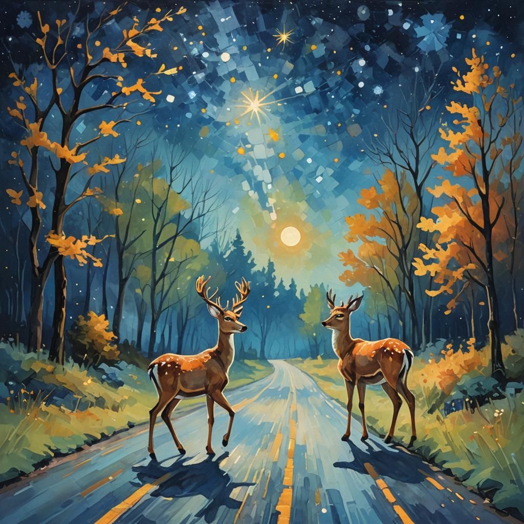 Deer Family Under Starry Sky: Impressionist Gouache