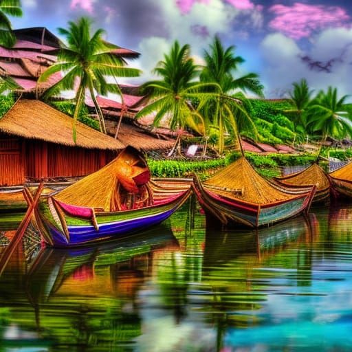 Mindanao Fishing Village: Elegant Oil Painting in Rose Tones