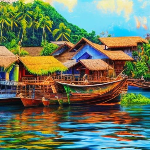Mindanao Fishing Village in Rose Tones, Oil on Canvas