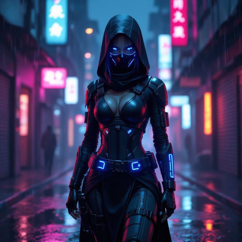 Futuristic Ninja in Neon Cyberpunk City Alley