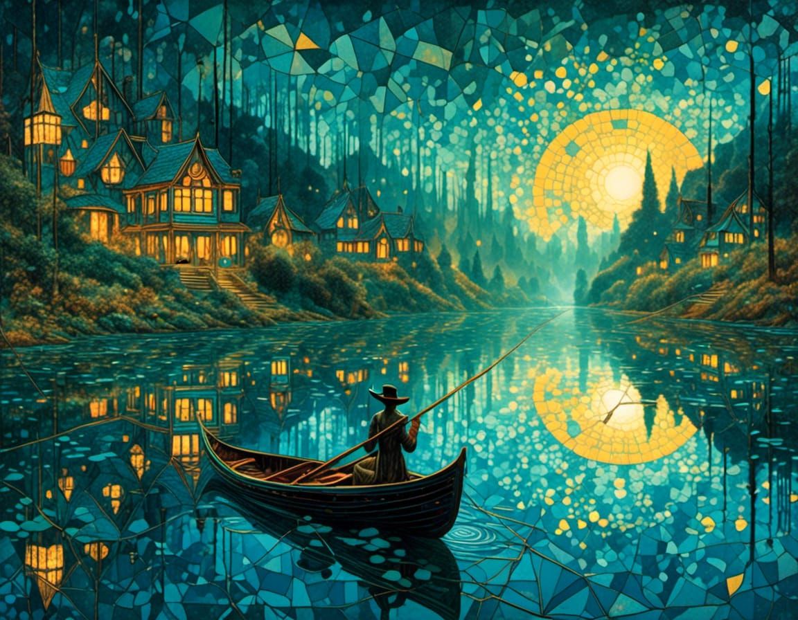 Man Fishing on Misty Lake in Whimsical Vector Art