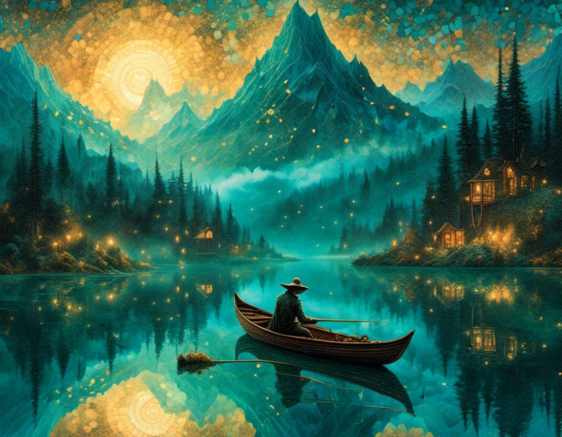 Misty Lake Fisherman: Whimsical Vector Illustration