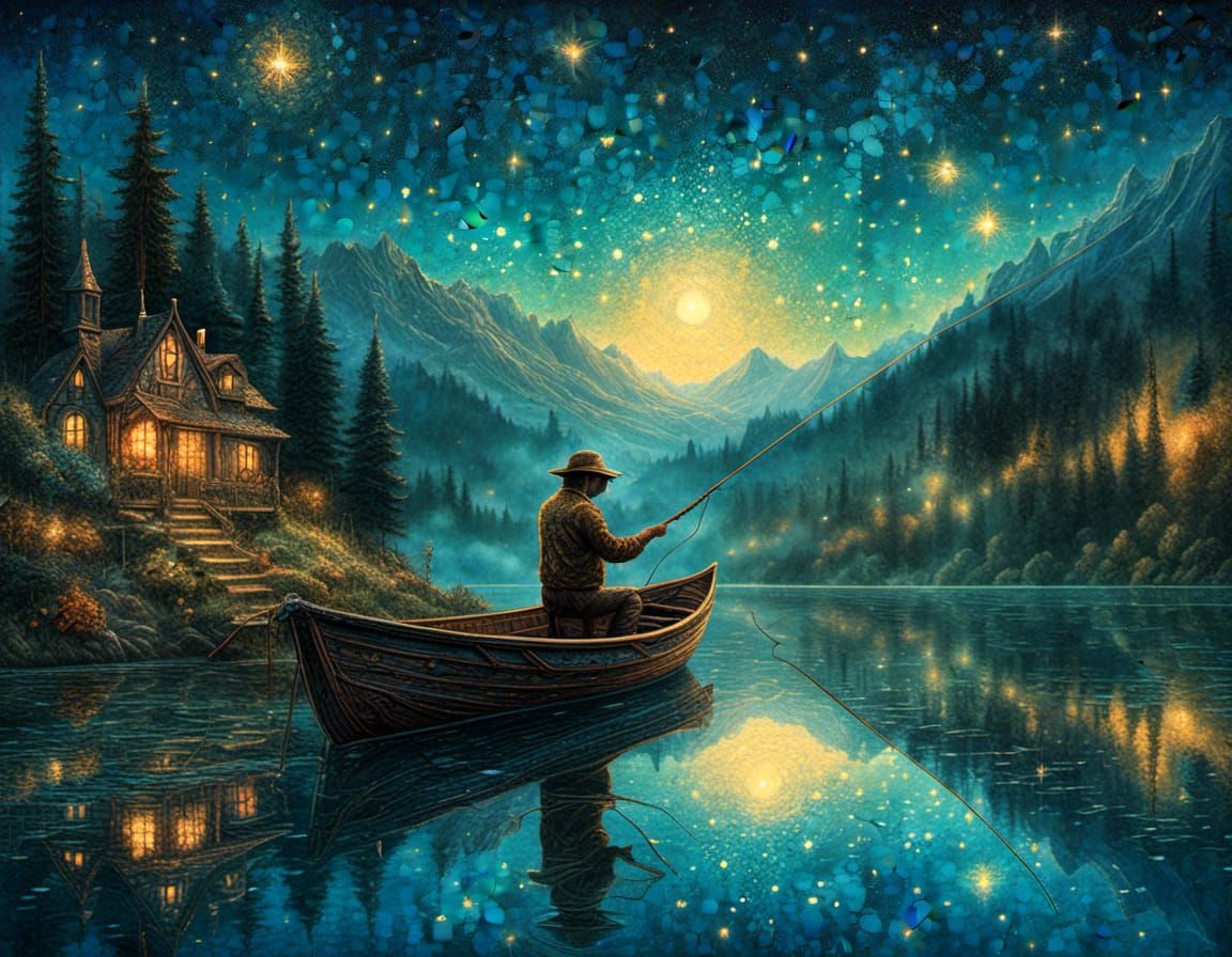 Misty Lake Fisherman: Whimsical Vector Illustration