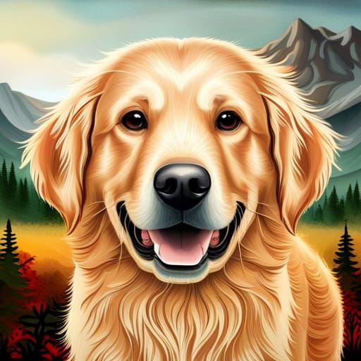 Hyperrealistic Smiling Golden Retriever in Forest