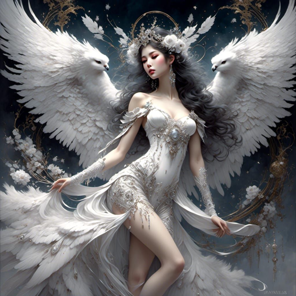 Monochrome Angel Portrait with Stunning Wings
