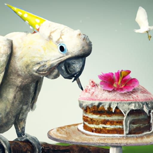 Cockatoo Enjoys Birthday Cake in Detailed Painting