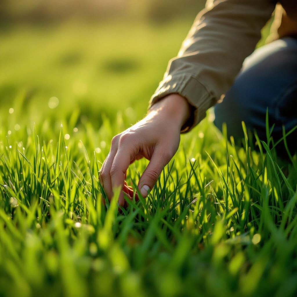 Hand Touching Grass in Sunlight: Photorealistic Style