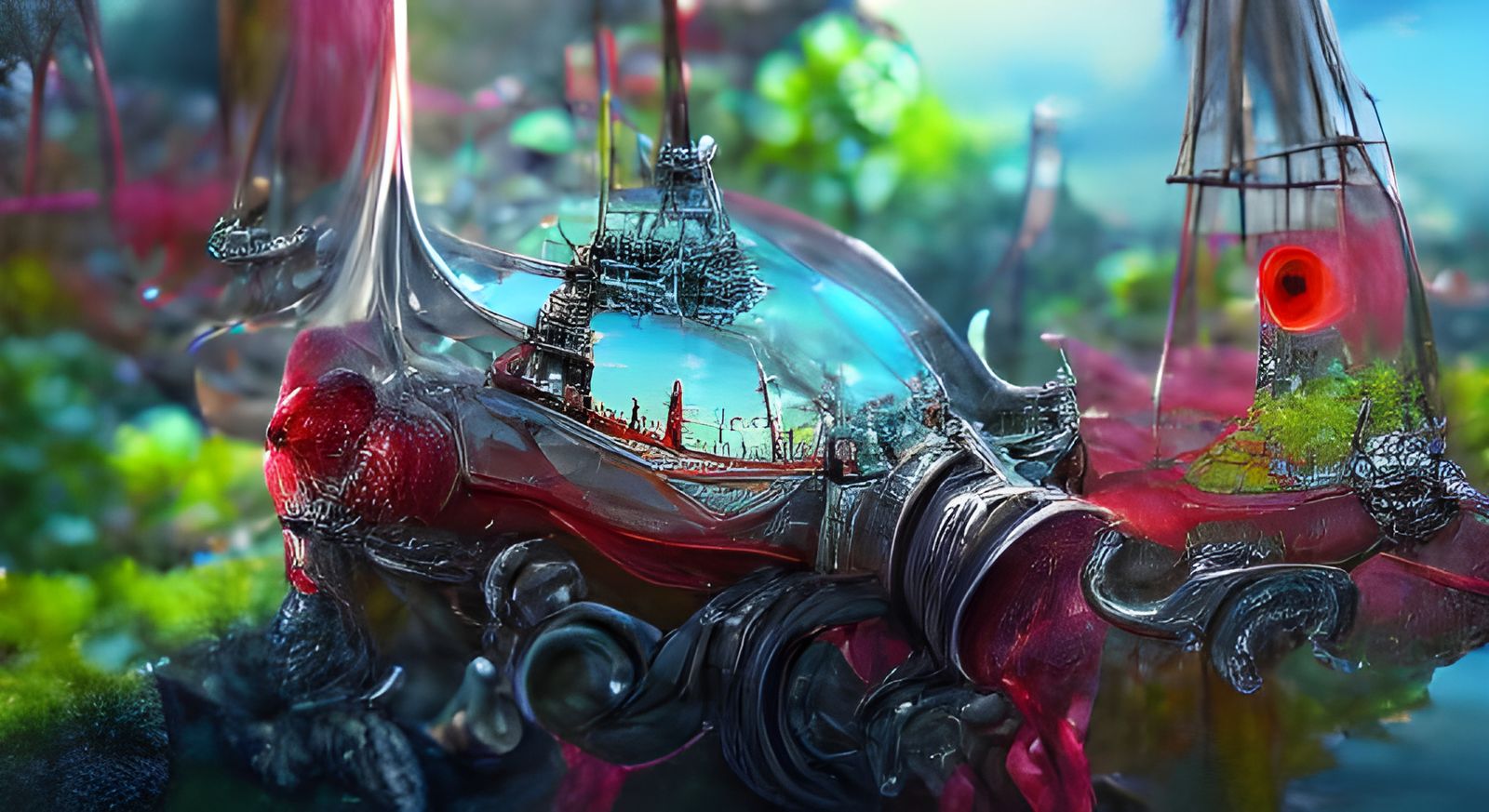 The Final Fantasy Boss and a Old Galleon Ship in a Glass Bottle