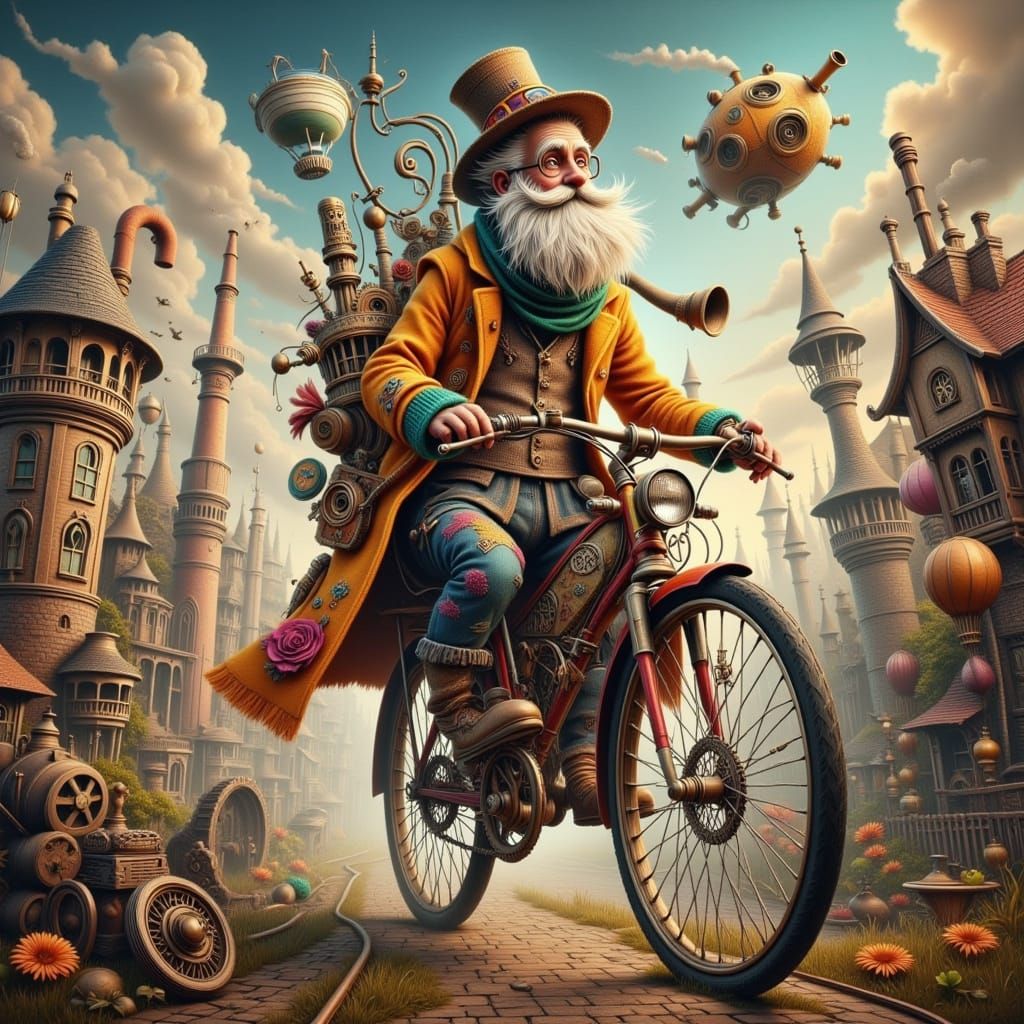 Steampunk Professor Rides Bicycle Through Ghibli City