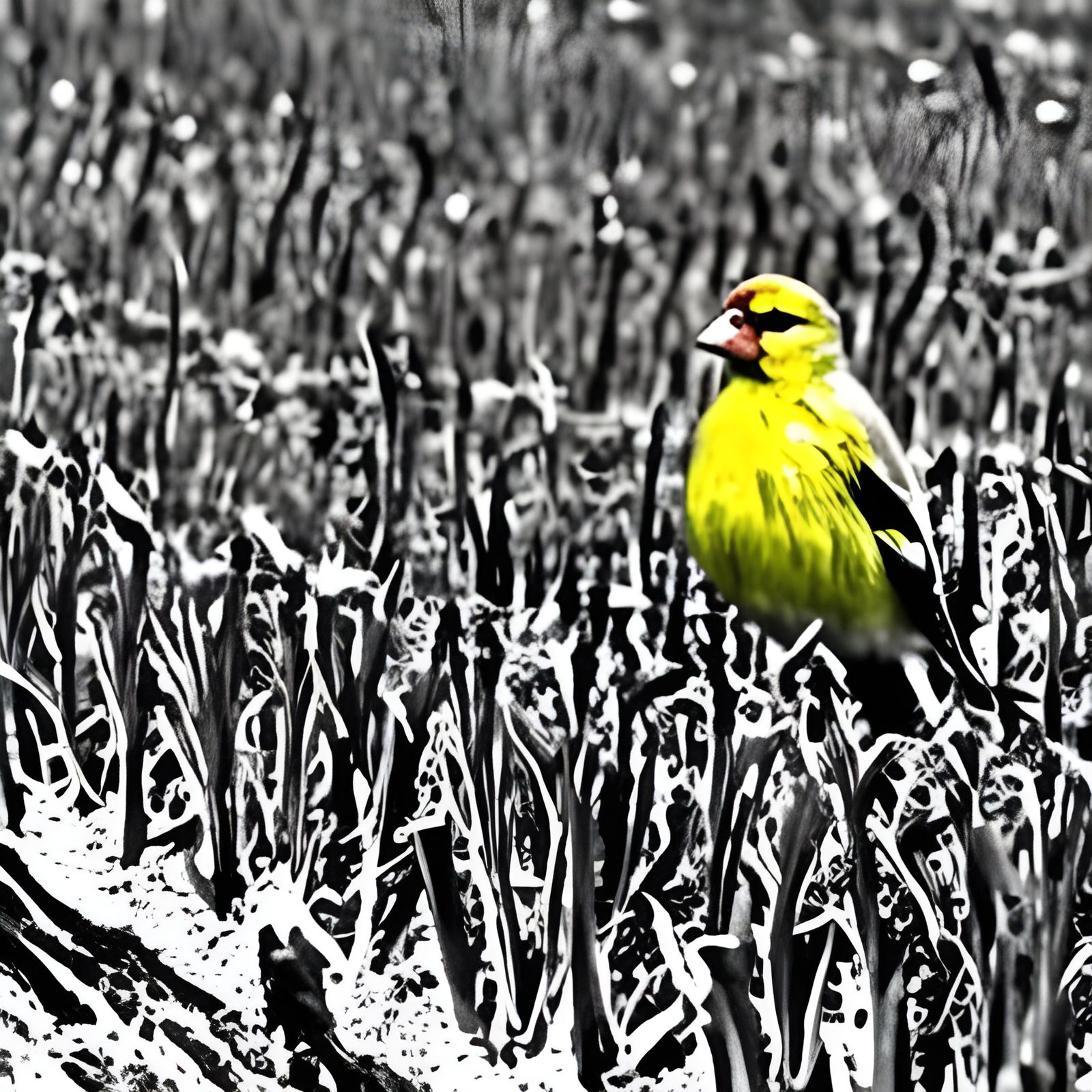 Yellow Finch in Farm Field, Early Spring, Detailed