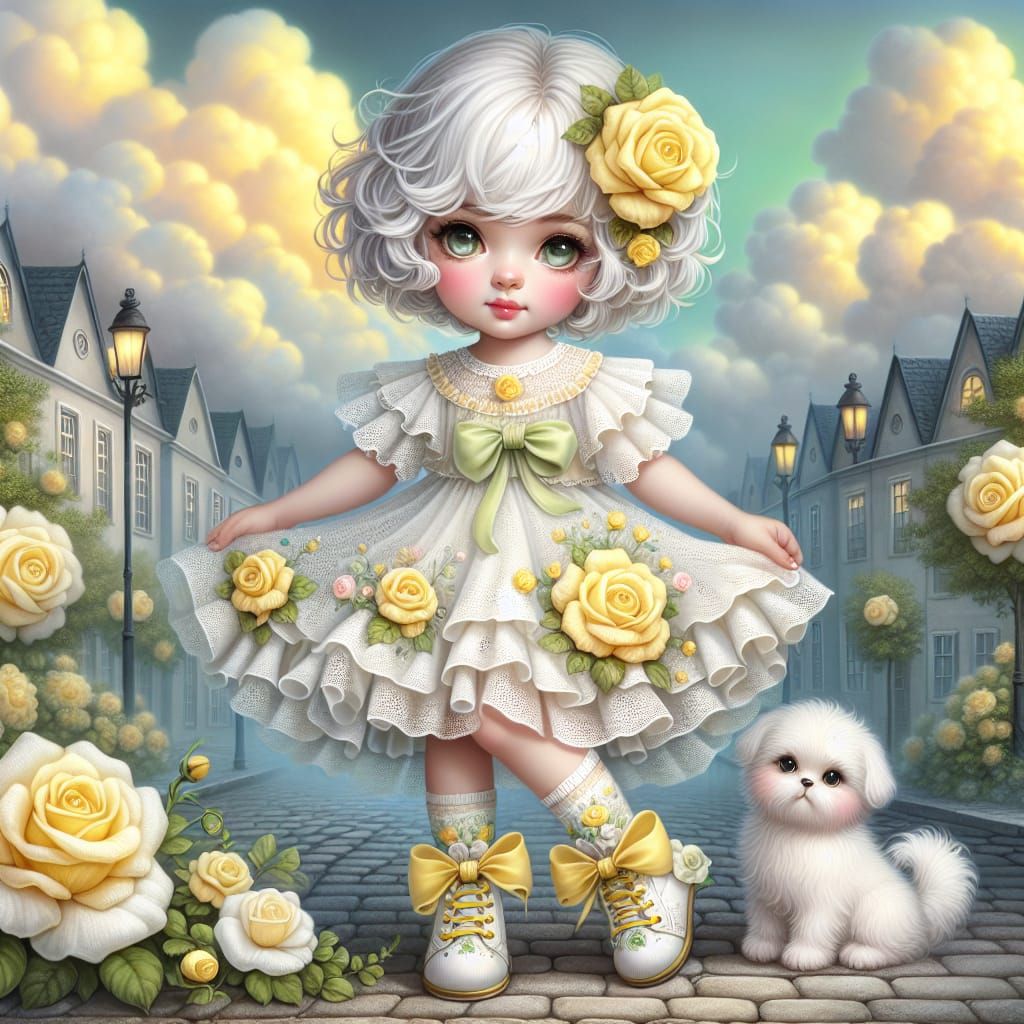 Whimsical Girl with Roses: Fantasy Digital Painting