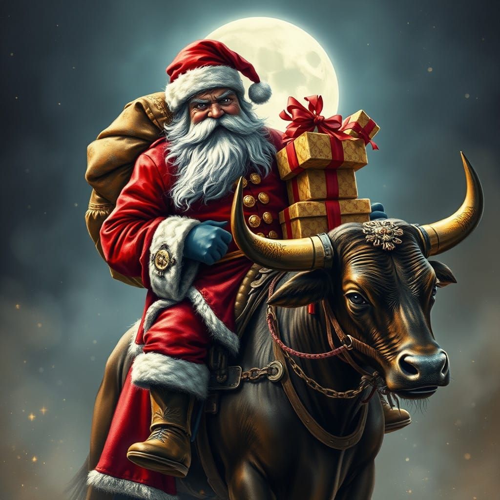 Cyberpunk Santa Rides a Wild Bull