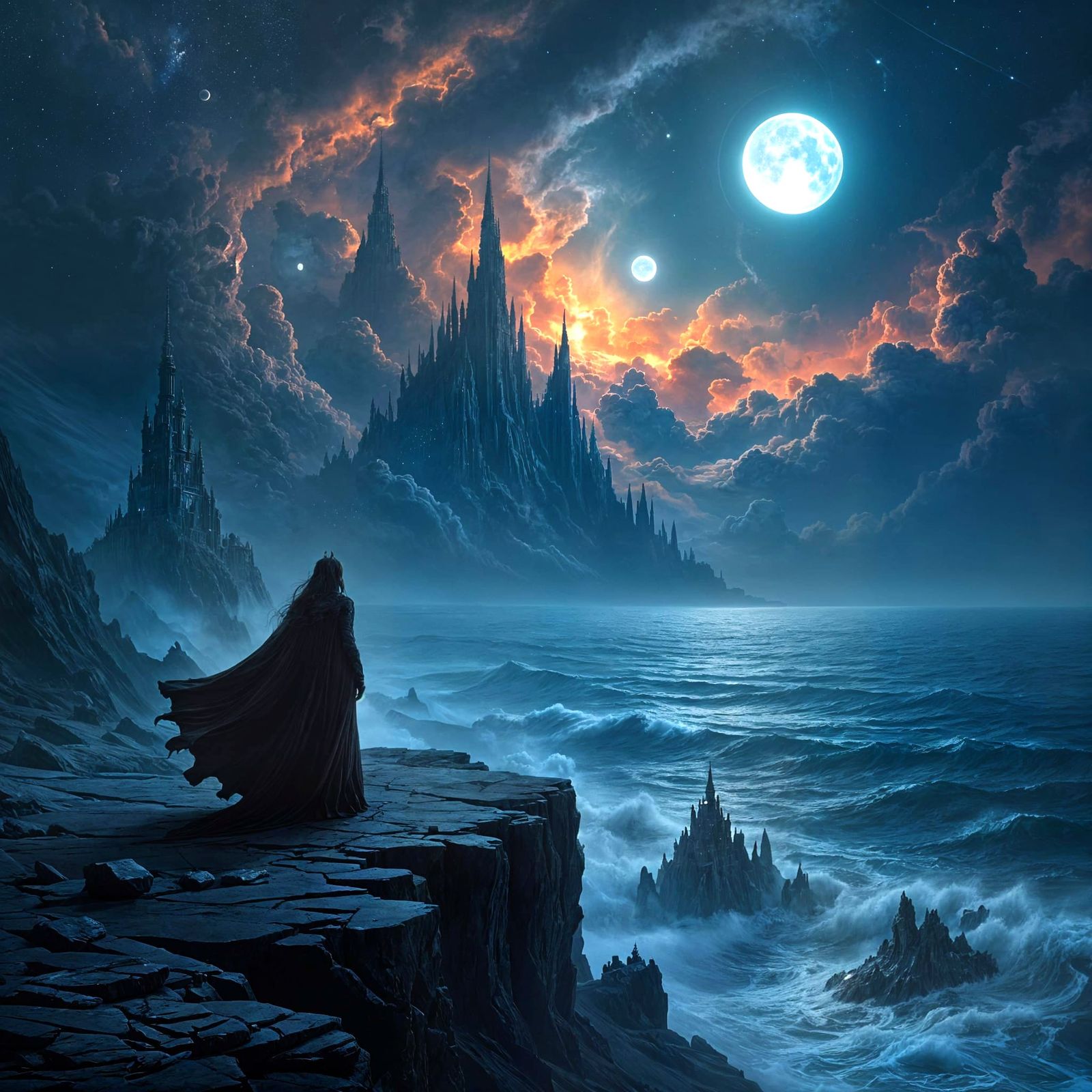 Alien Ocean Cliffside City Under Cosmic Sky