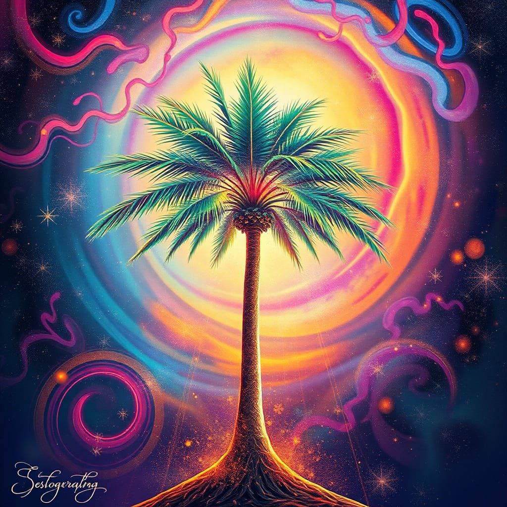 Luminous Palm Tree in Astral Cosmos, Visionary Art