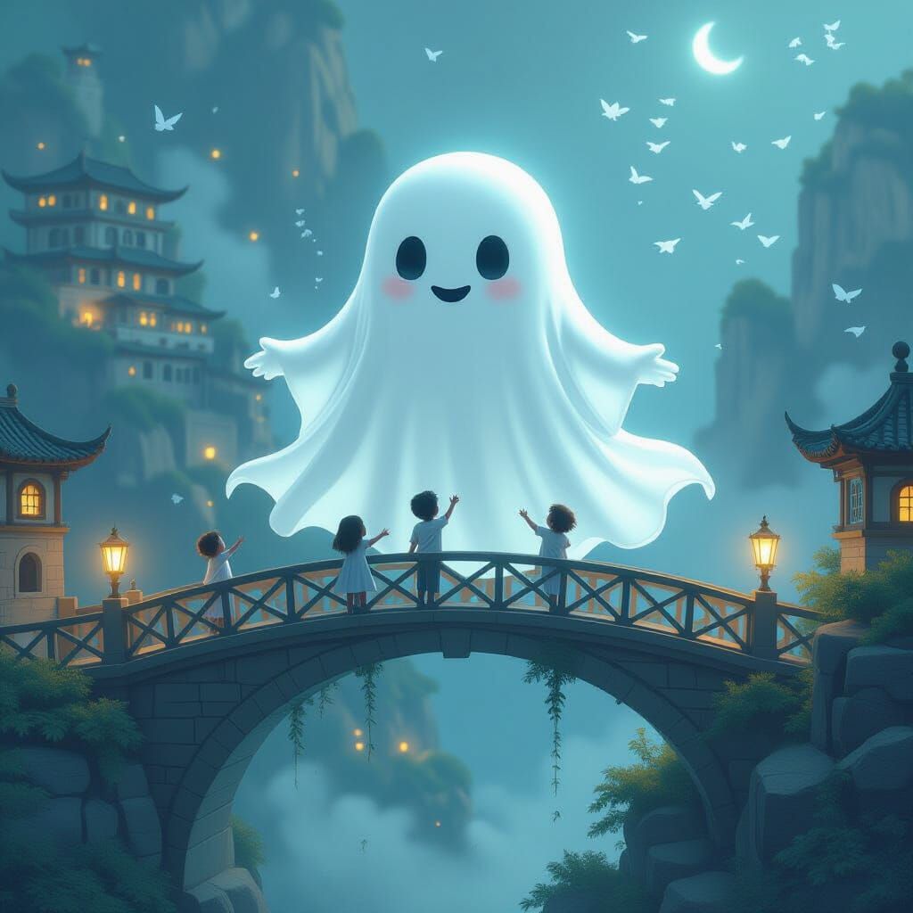 Friendly Ghost Rescues Falling Children, Ethereal Fantasy Ar...