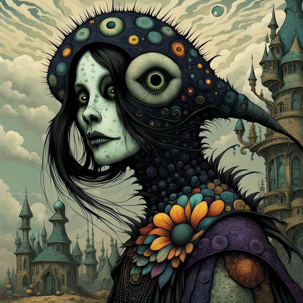 Dystopian Goth Creature in Whimsical Realm