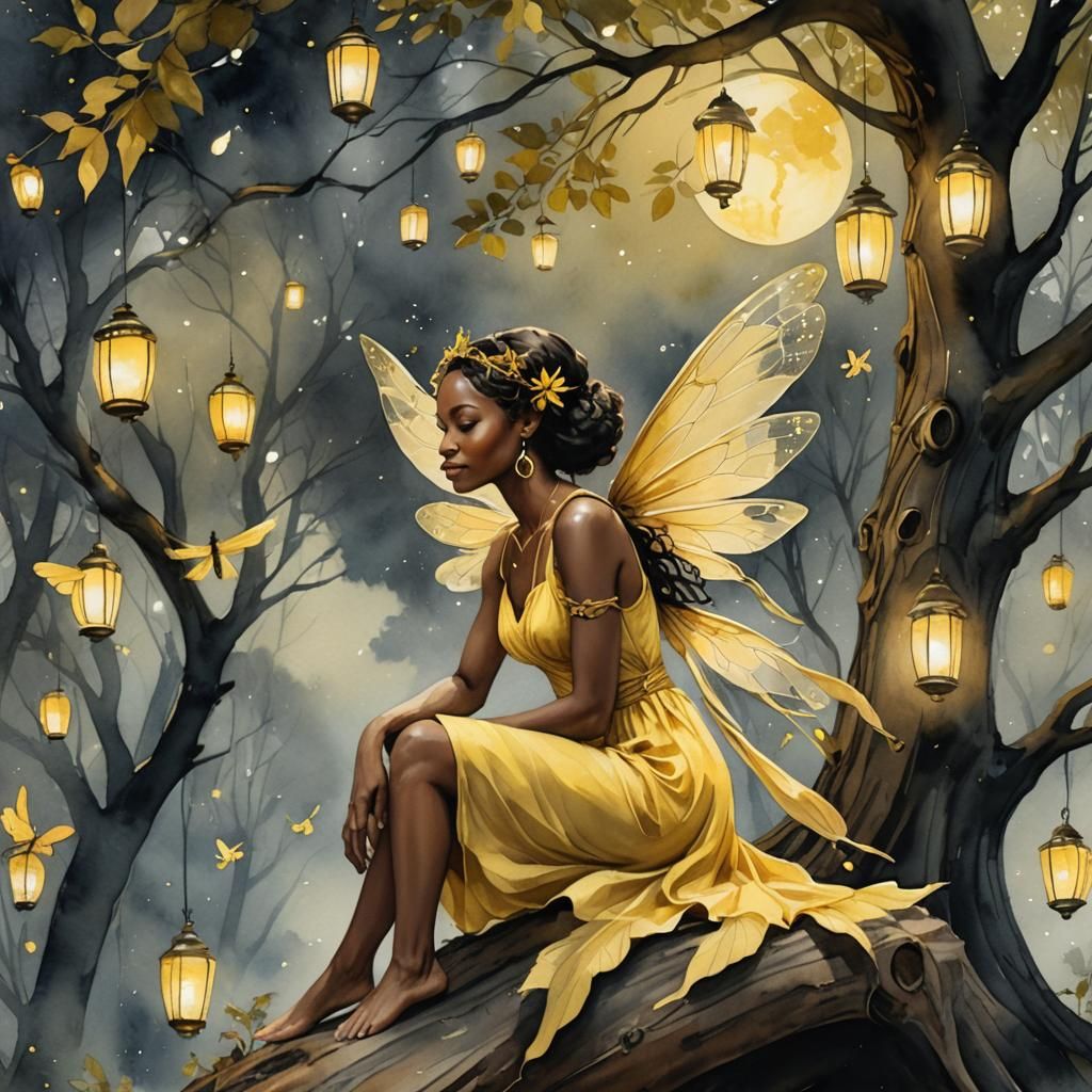 Ethereal Fairy in Forest with Lanterns, Watercolor Art