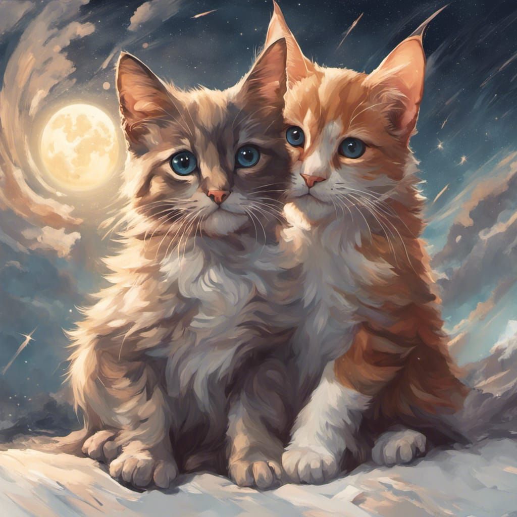 Puppy and Kitten Watch Stars: Romantic Portrait