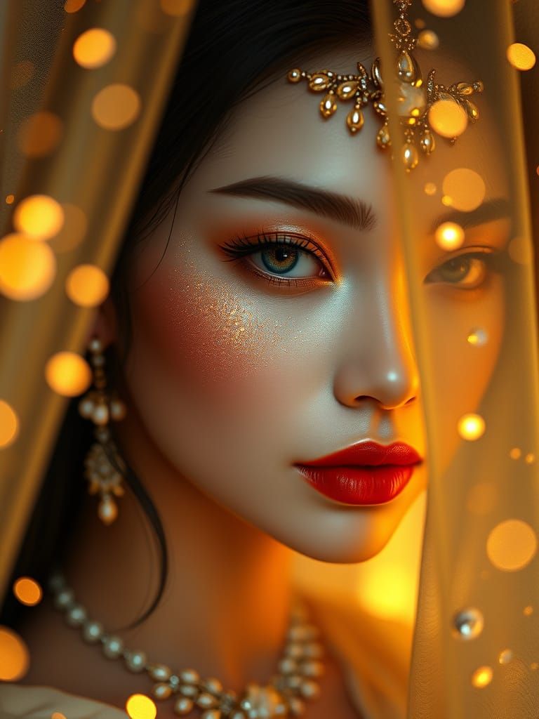 Enchanting Woman in Veil with Pearlescent Makeup