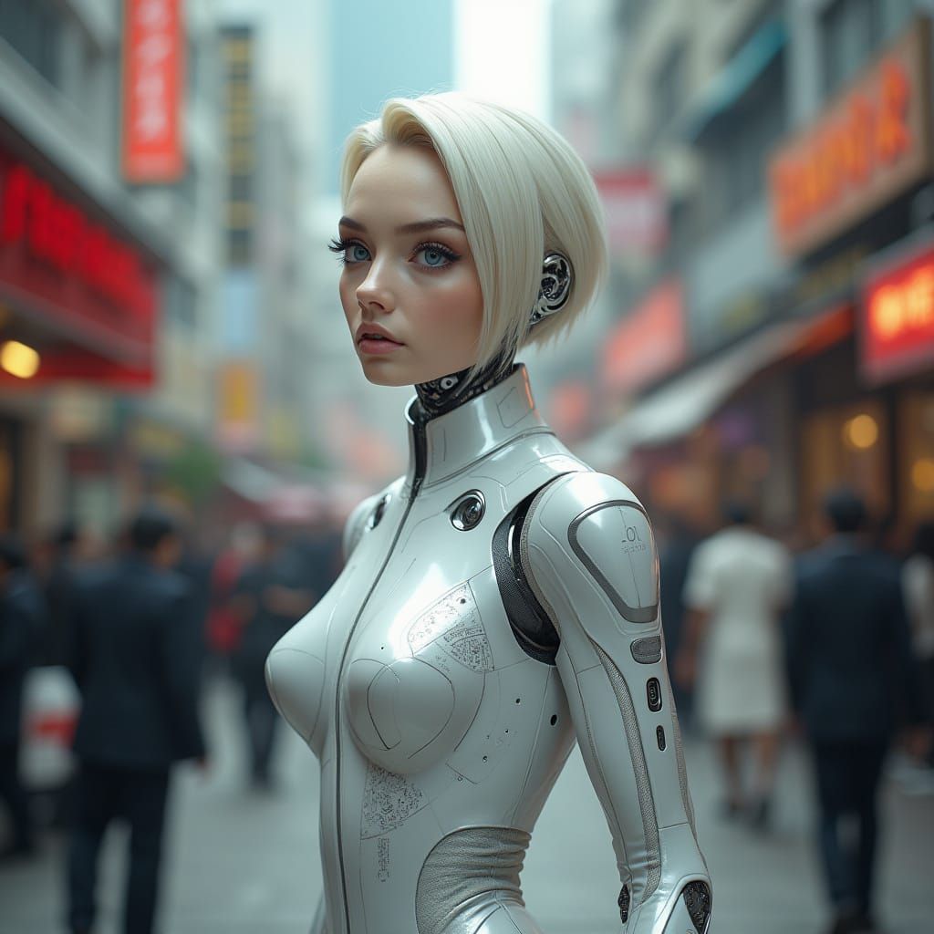Futuristic Scandinavian Robot Goddess in Hong Kong Street Sc...