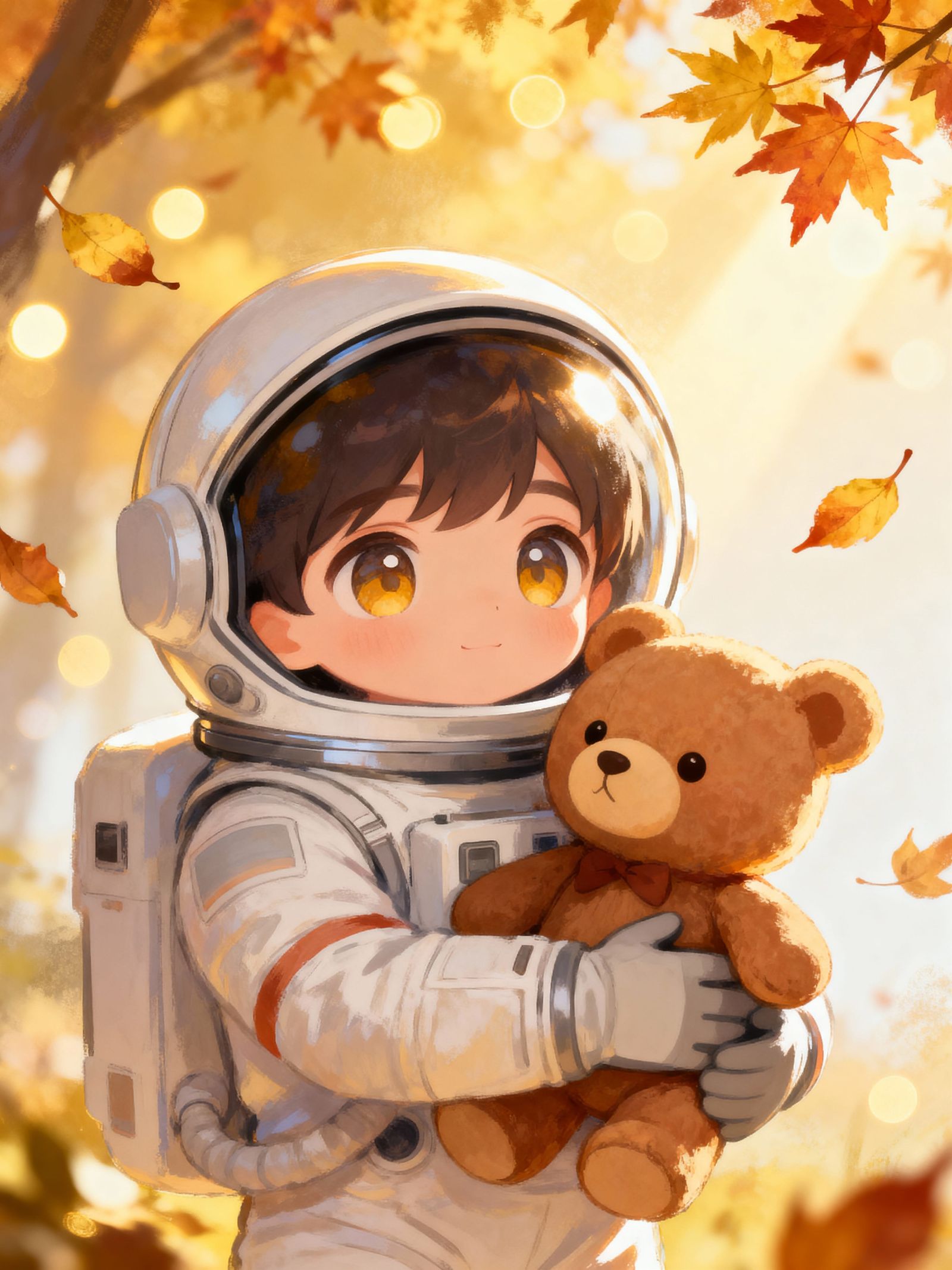 Astronaut Hugs Teddy Bear in Cozy Autumn Scene