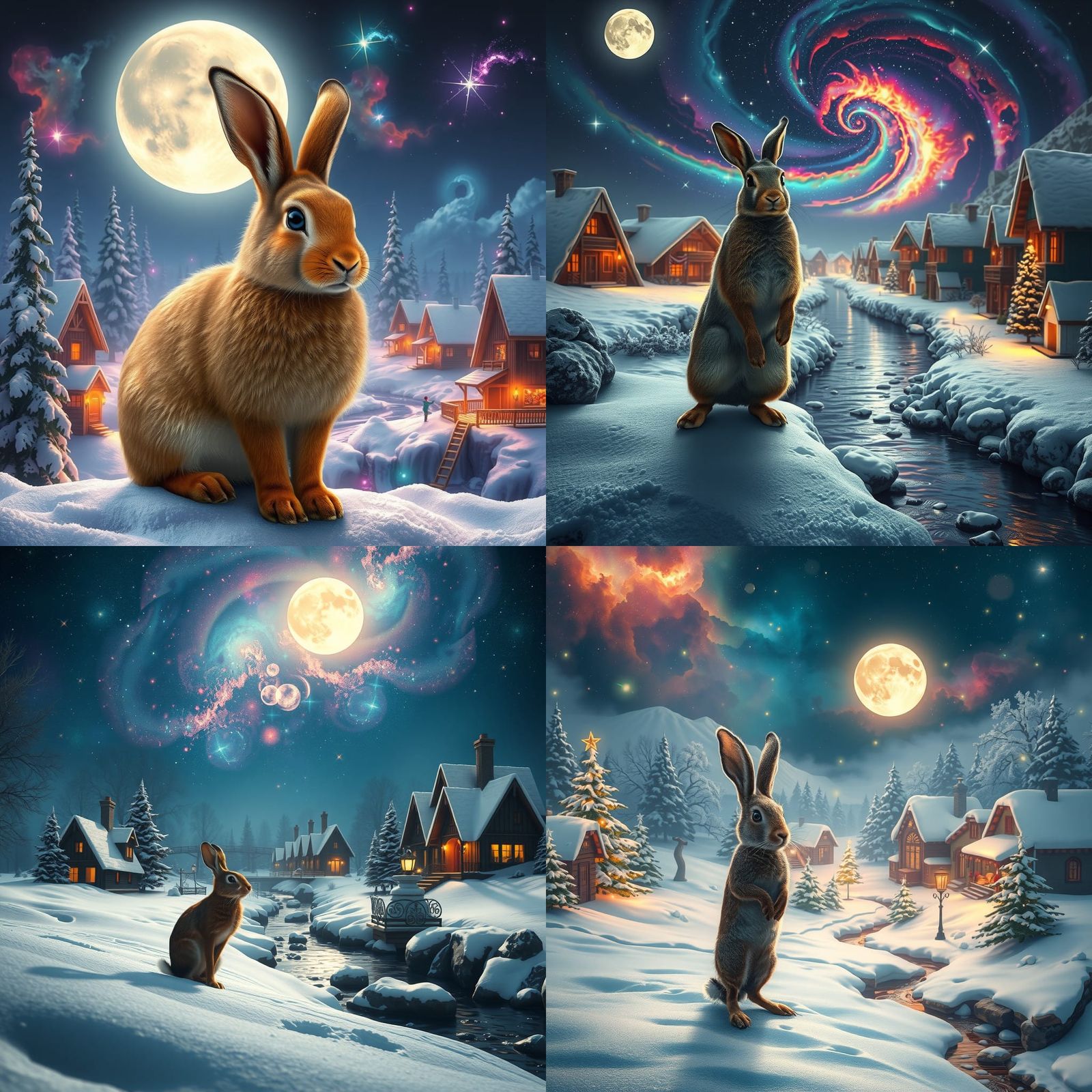 Hare in Christmas Scene with Nebula, Detailed Matte Painting