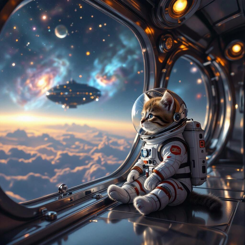 Kitten in Retro Spacesuit on Airship Deck