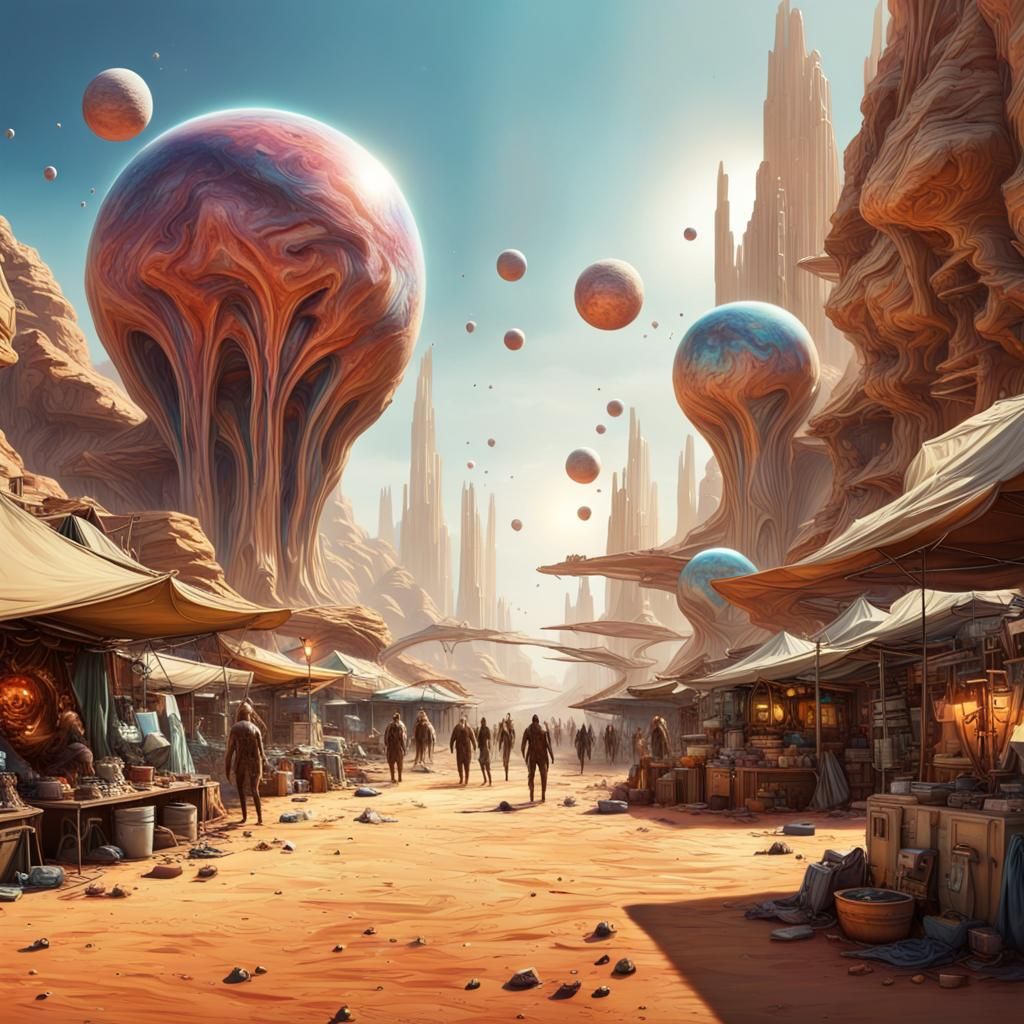 Alien Desert City Trading Market in Photographic Realism