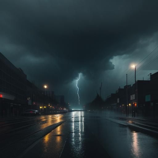 Dramatic Cityscape Engulfed in Intense Rainstorm