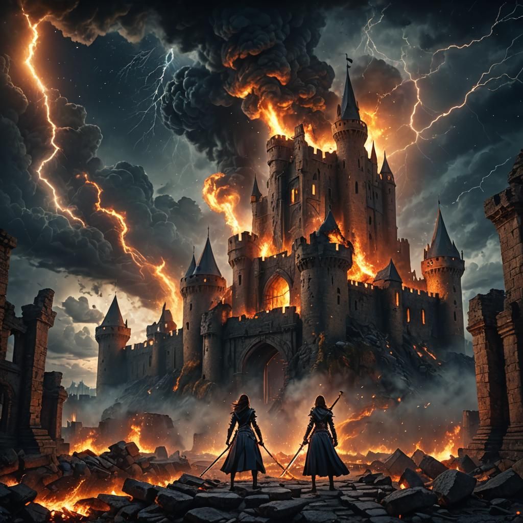 Woman with Sword Stands Guard Over Fiery Ruins