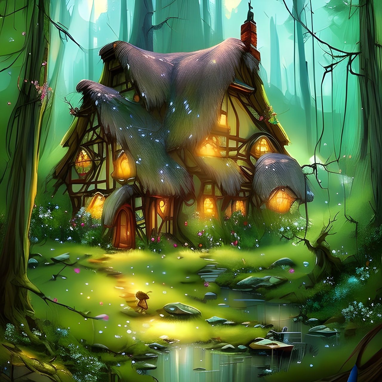 Whimsical Cottage in Forest with Fireflies, Oil Painting