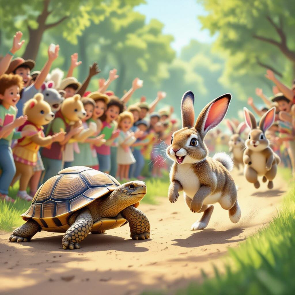 Tortoise and Hare Race with Cheering Animal Crowds