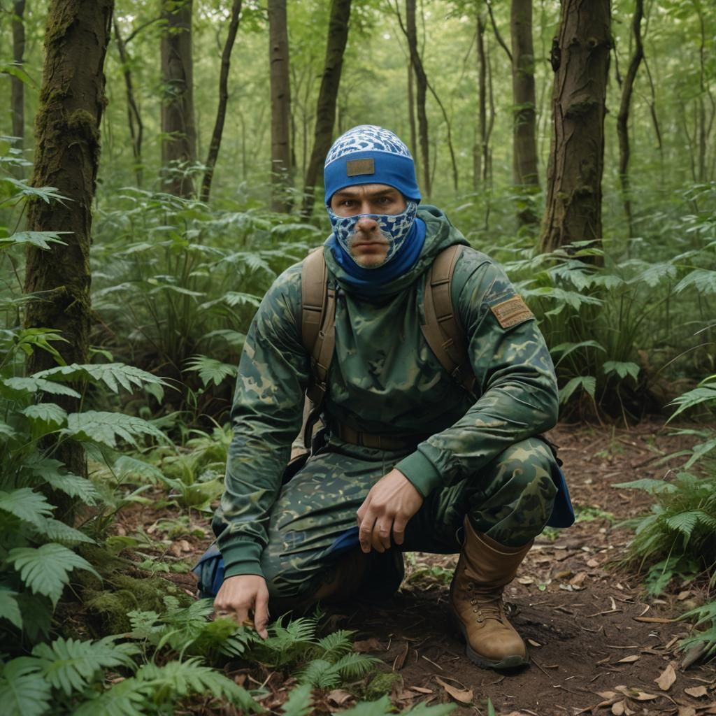 Man in Camouflage Crouching in Foliage, Photorealistic 4K