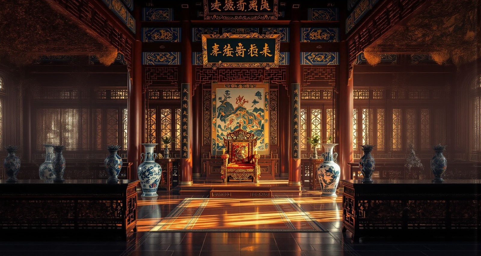 Qing Dynasty Palace Interior with King's Throne