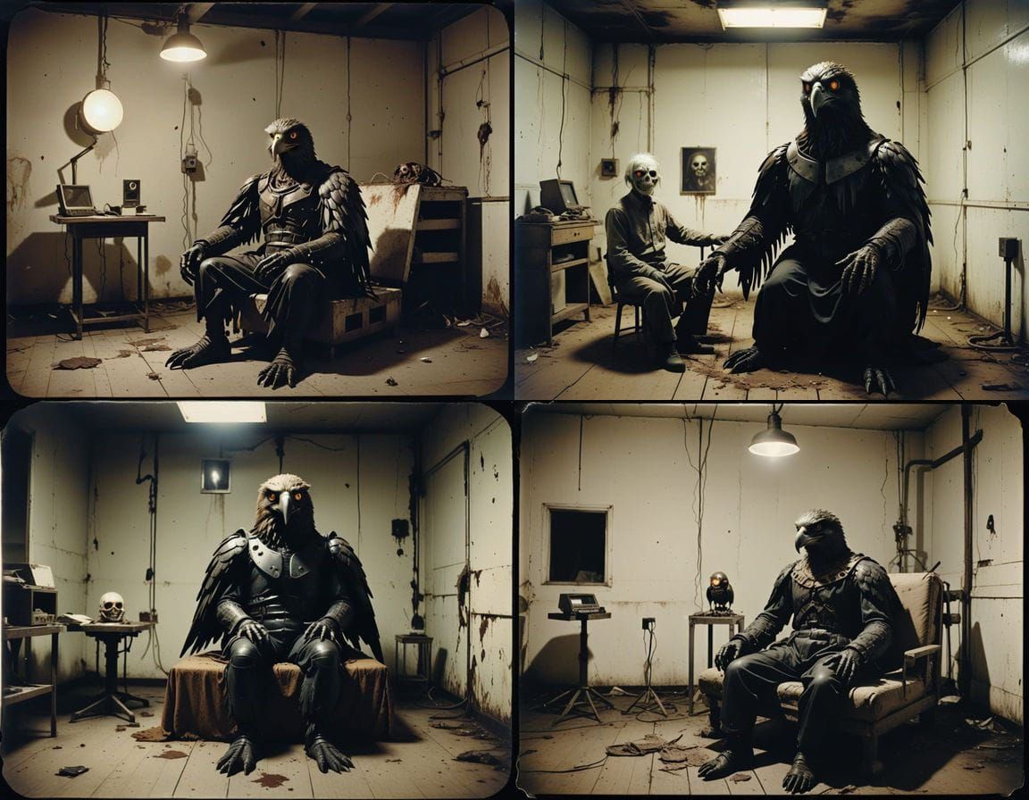 Mutated Eagle Homunculus Seated in Horror Scene