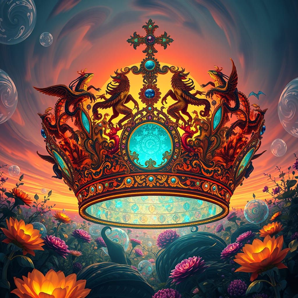 Whimsical Surrealist Crown in Vibrant, Swirling Patterns