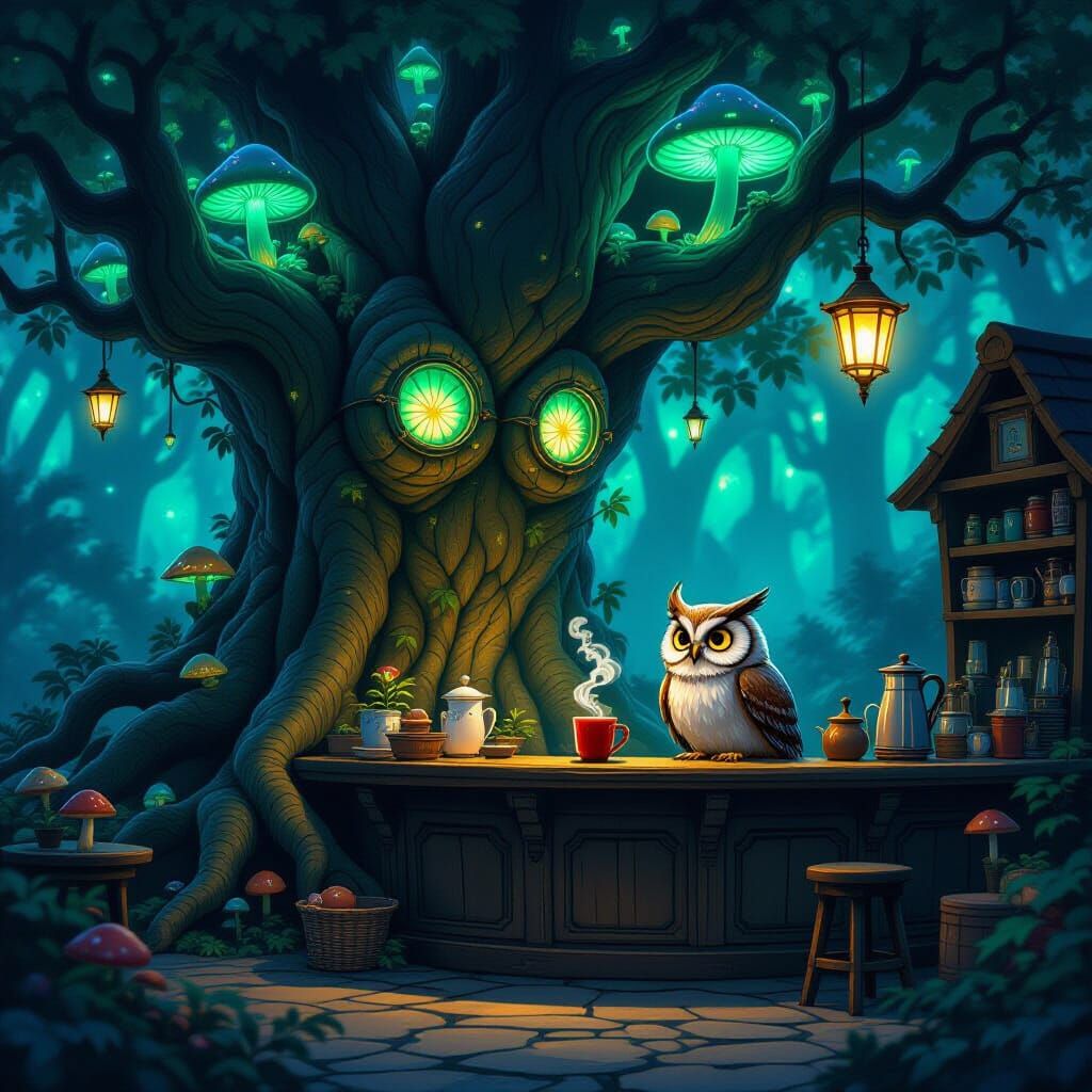Enchanting Tree Root Cafe With Owl Barista
