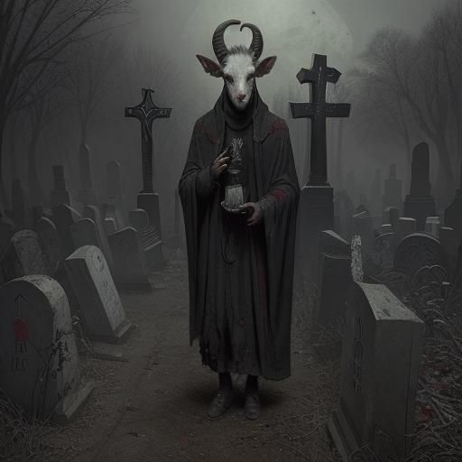 Creepy Red-Eyed Goat in Graveyard Horror Scene