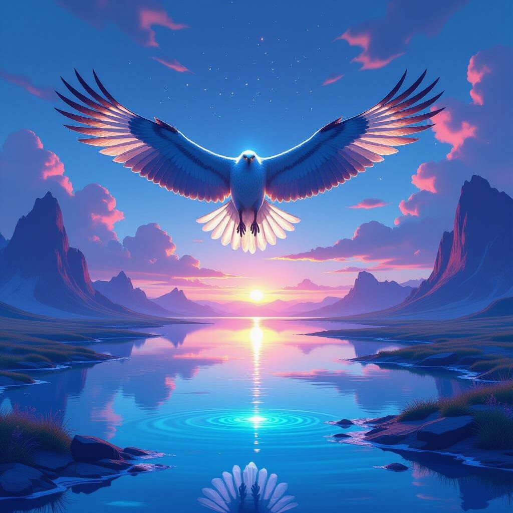 Diamond Hawk Soars Over Opal Lake in Alien Vista