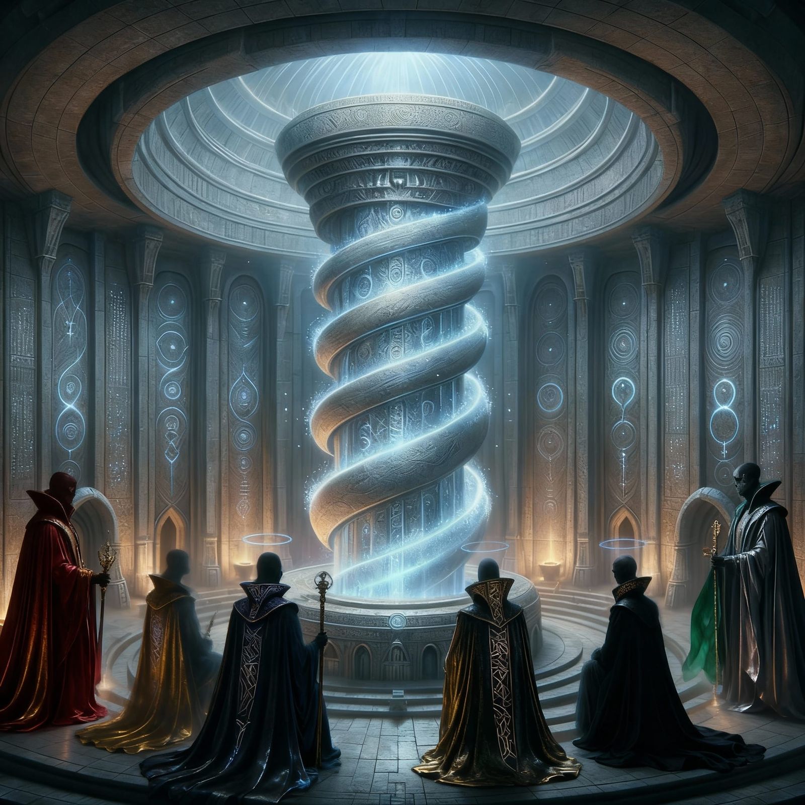 Ancient Elven Chamber with Glowing Crystal Pillar