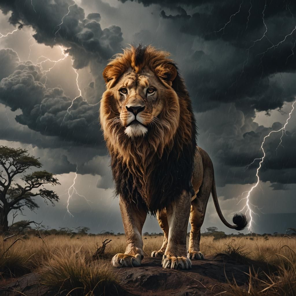 Lion in Stormy Savannah: Epic Cinematic Matte Painting