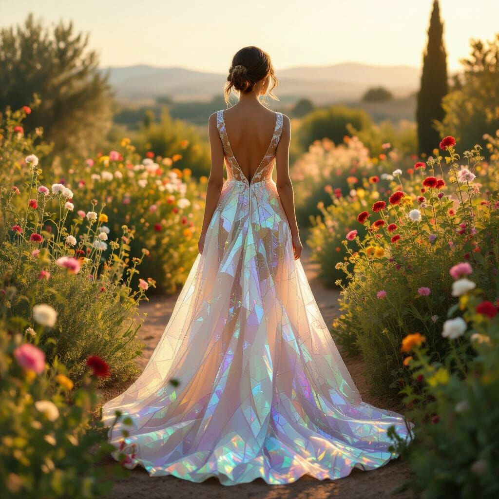 Woman in Shimmering Glass Gown in Sunlit Garden
