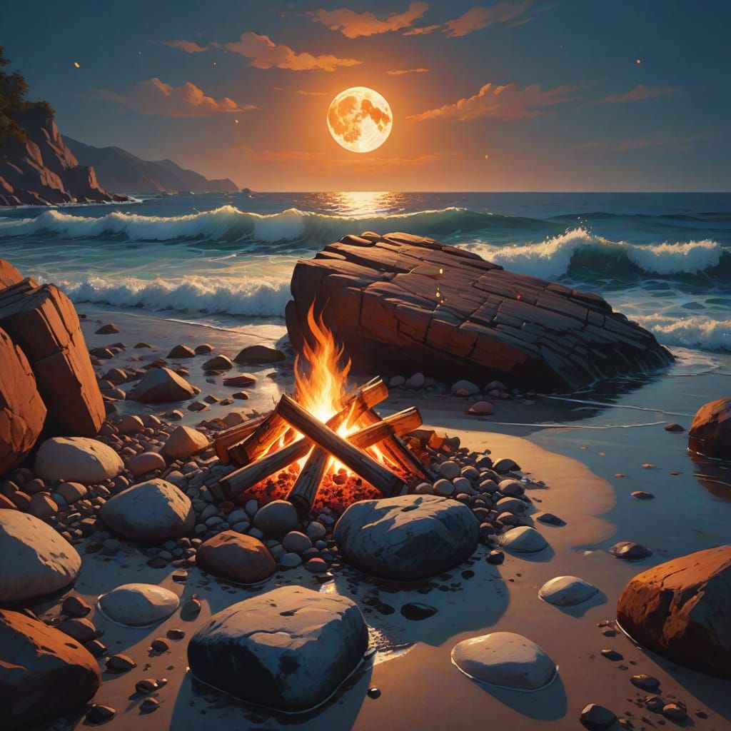 Moonlit Campfire on Rocky Beach: Oil Painting