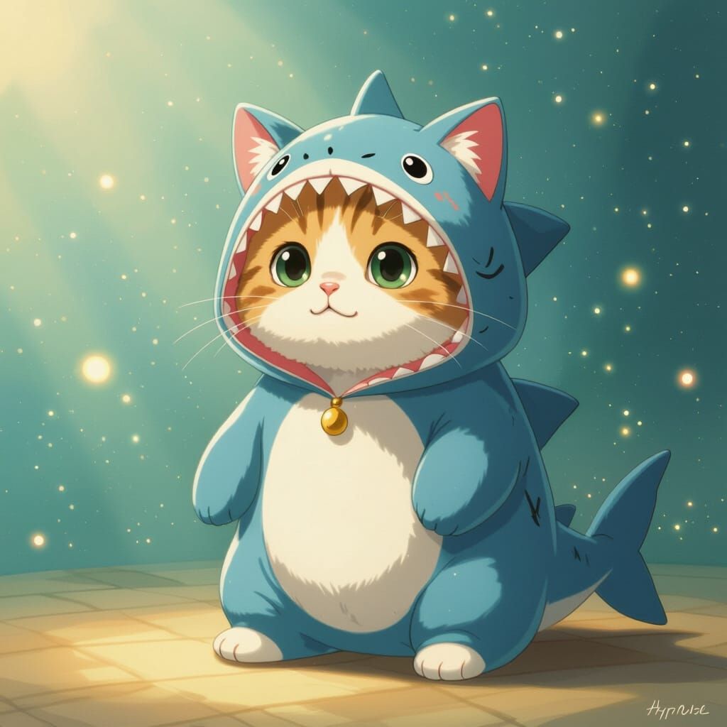 Cute Cat in Shark Costume Studio Ghibli Style