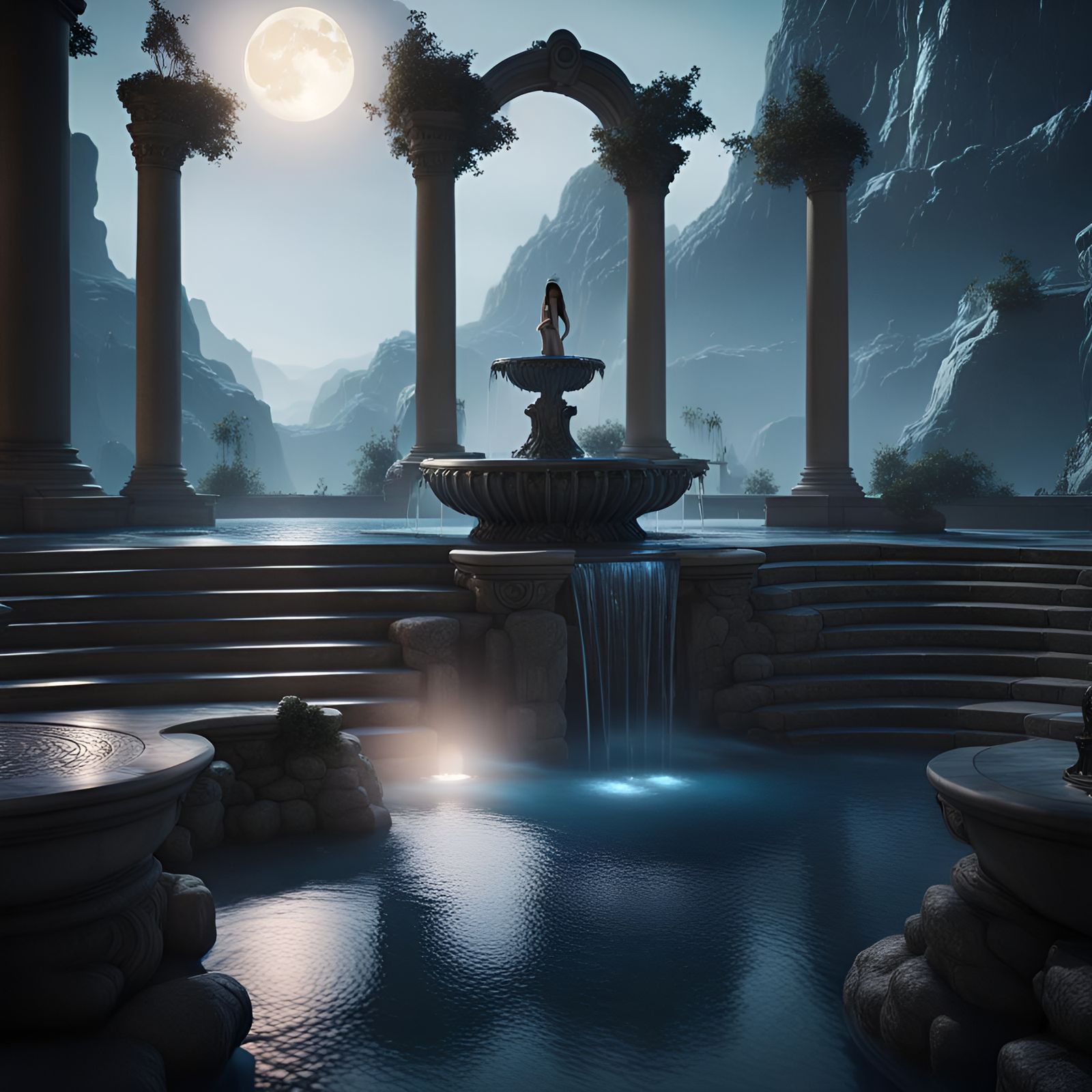 Mystical Fountain at Night: Detailed Digital Painting