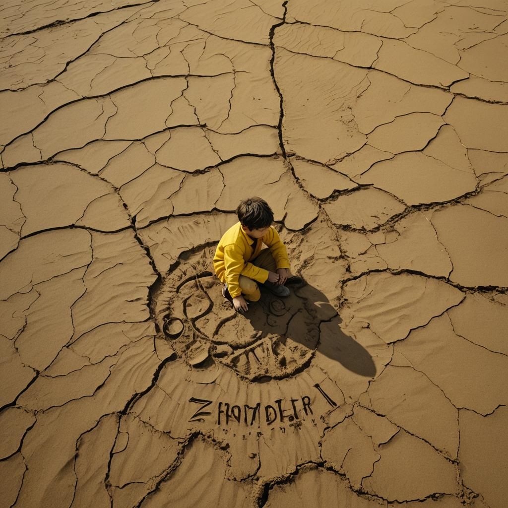 Boy on Cracked Sand with Date in Blood