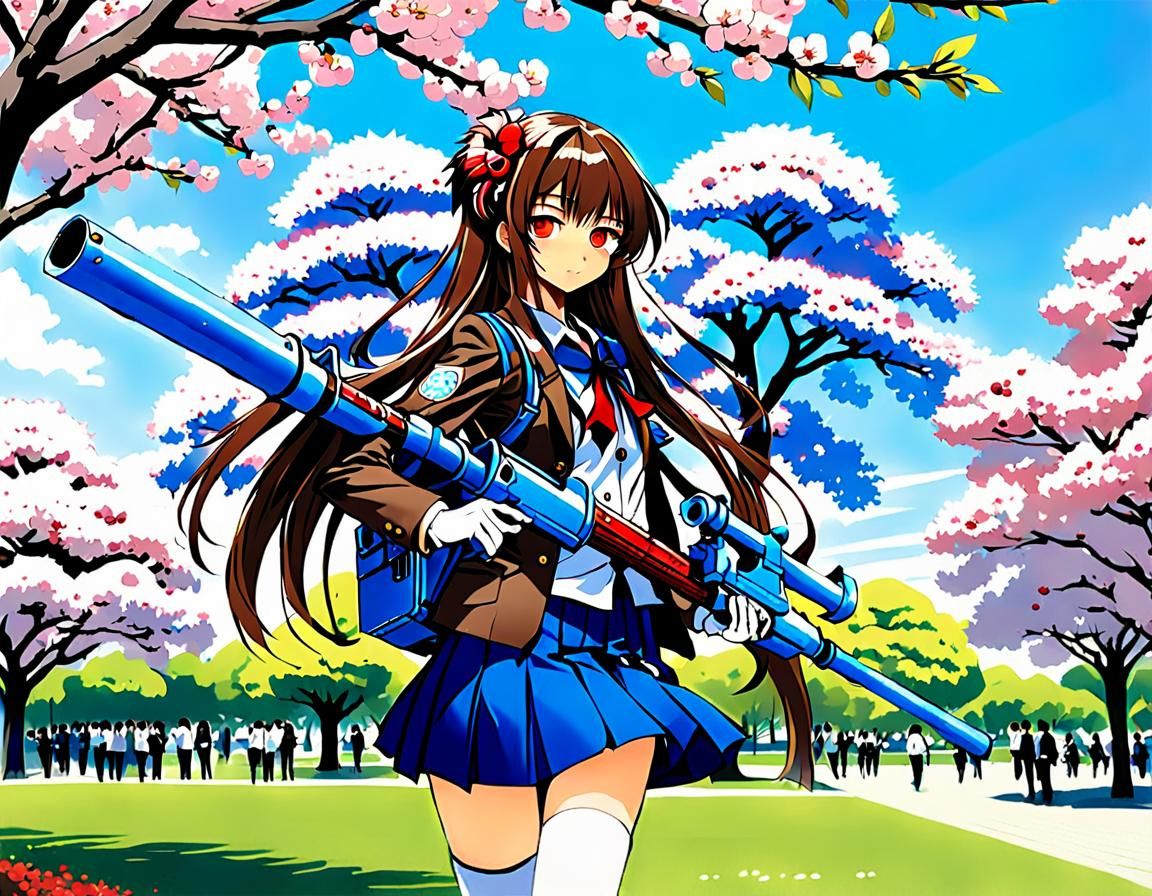 Anime Schoolgirl with Bazooka in Cherry Blossom Park