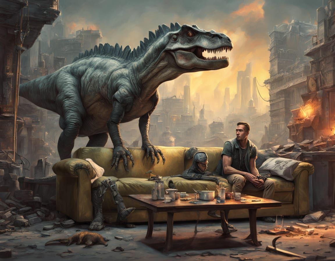Dinosaur on Sofa in Vibrant Oil Painting Style