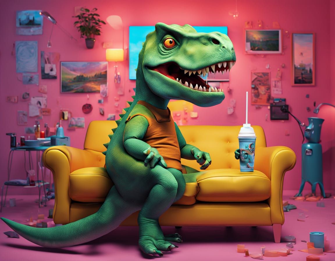 Surreal Dinosaur Sipping Milkshake: Salvador Dali Style